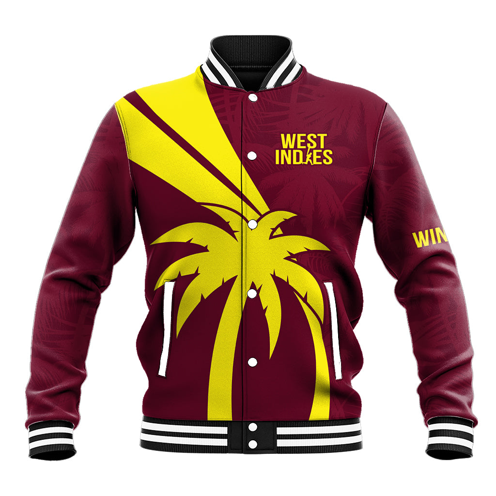 Maroon baseball jacket with yellow diagonal stripe, palm tree graphic, striped collar.