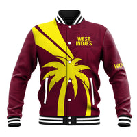 Maroon baseball jacket with yellow diagonal stripe, palm tree graphic, striped collar.