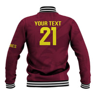 Maroon baseball jacket with yellow '21' on back and striped ribbed collar.