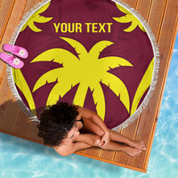 Maroon round beach blanket with yellow palm leaves, white fringe and 'YOUR TEXT'.