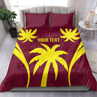 Maroon and yellow palm print bedding set with two matching pillows, "YOUR TEXT" shown