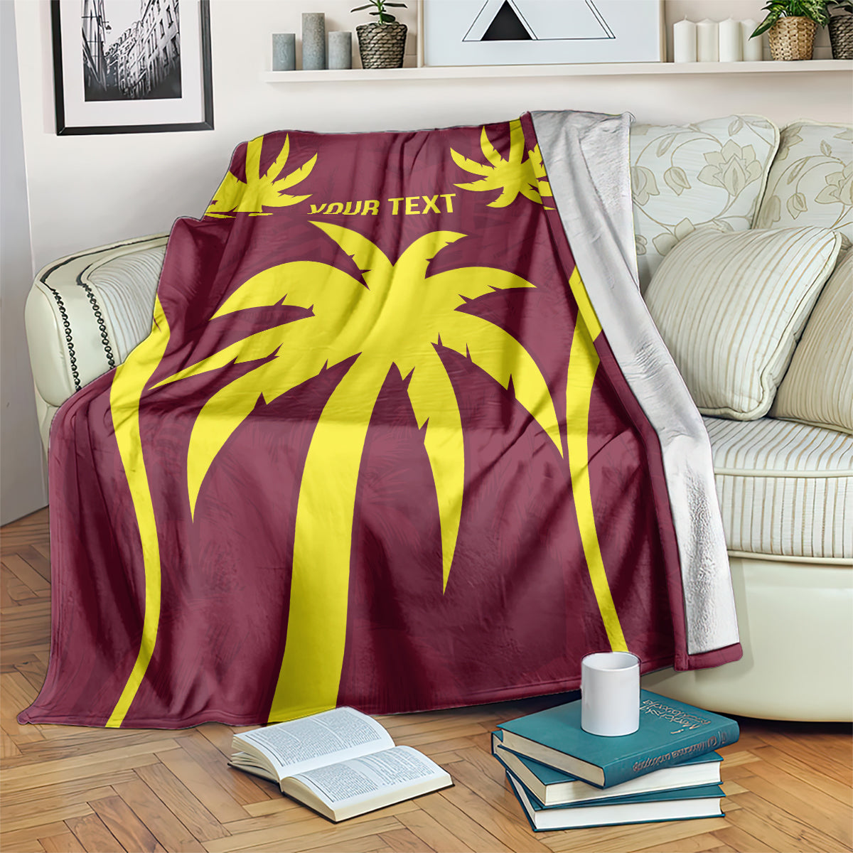 Burgundy maroon and yellow cricket-themed blanket with centered "YOUR TEXT" print