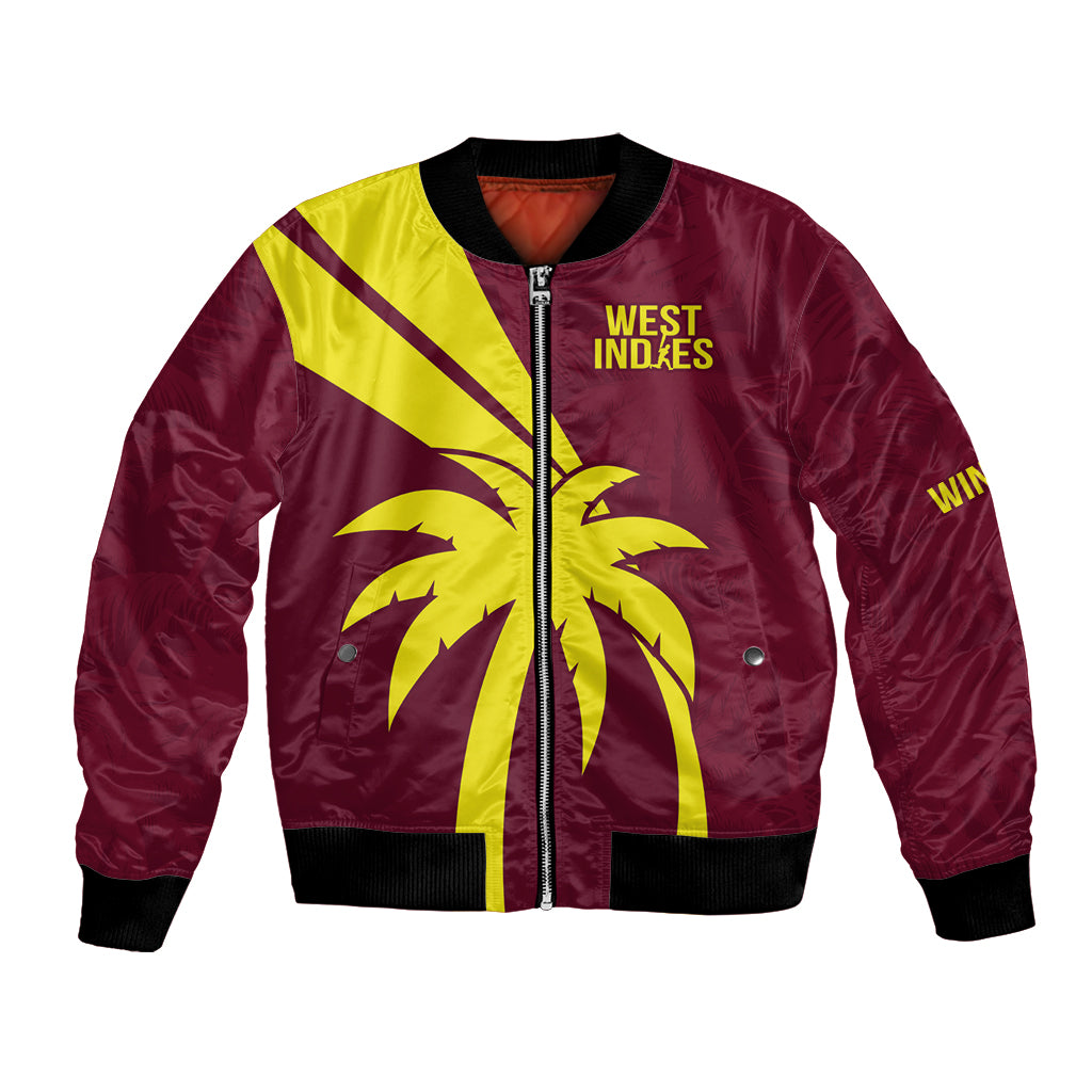 Maroon bomber jacket with yellow West Indies text, palm tree graphic, front zip