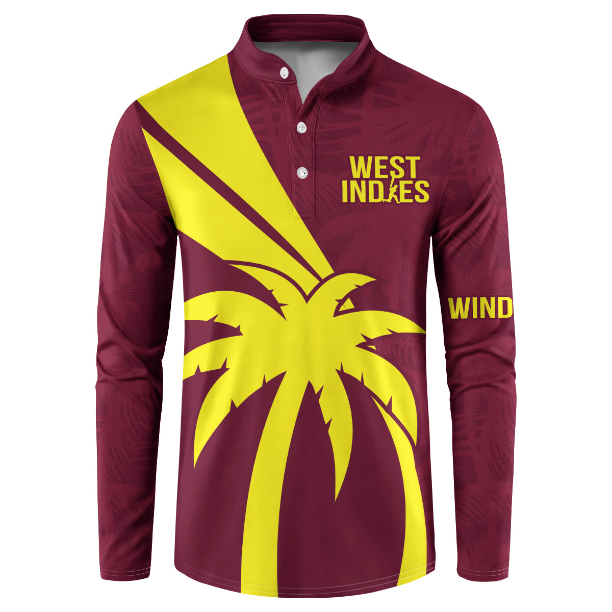Maroon button-up sweatshirt with West Indies lettering and yellow palm graphic