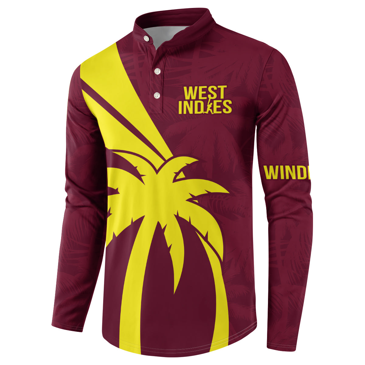 Maroon button-up sweatshirt with West Indies logo and yellow palm burst design
