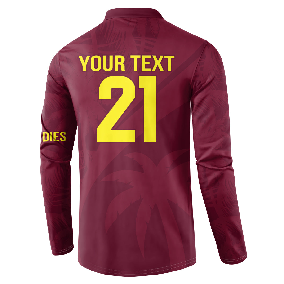 Maroon button-up sweatshirt back with yellow “YOUR TEXT” and large “21” print