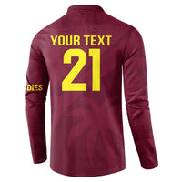Maroon button-up sweatshirt back with yellow “YOUR TEXT” and large “21” print