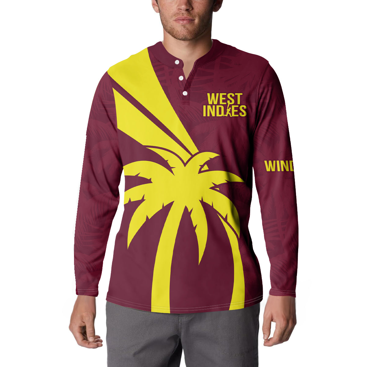 Maroon button-up sweatshirt worn, featuring West Indies text and yellow palm graphic