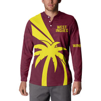 Maroon button-up sweatshirt worn, featuring West Indies text and yellow palm graphic