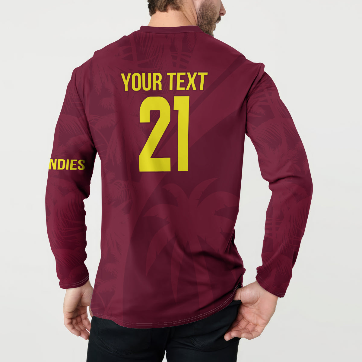 Maroon button-up sweatshirt back with yellow “YOUR TEXT” and “21” number print