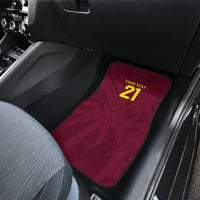 Maroon front car floor mat with black border and 'YOUR TEXT 21' print