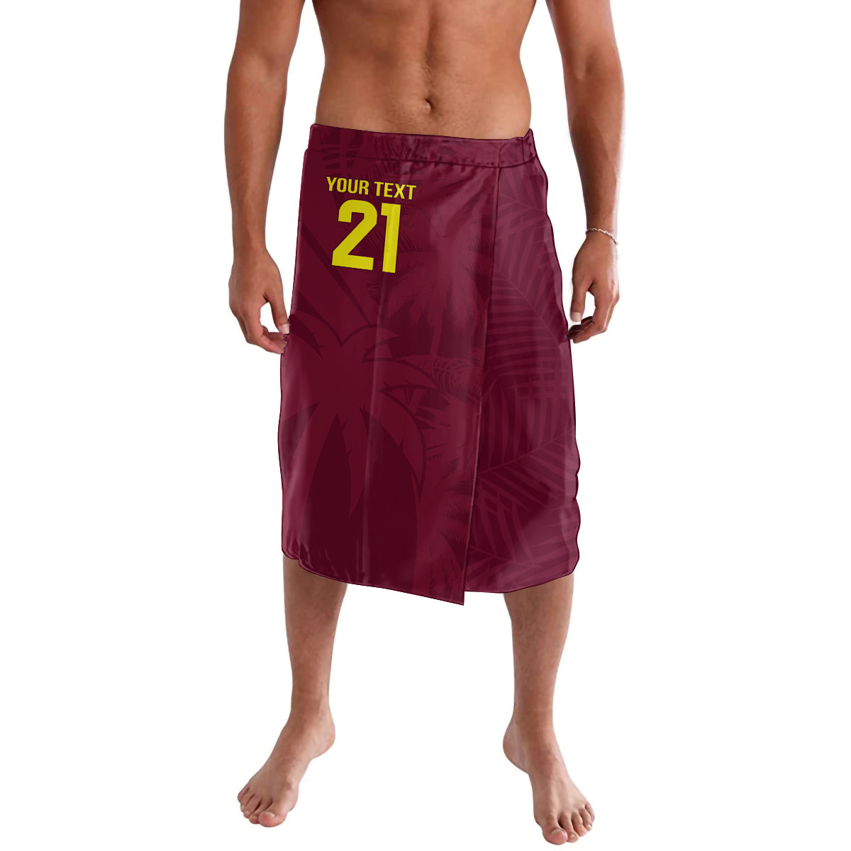 Maroon lavalava shorts with elastic waistband, front graphic text and number 21