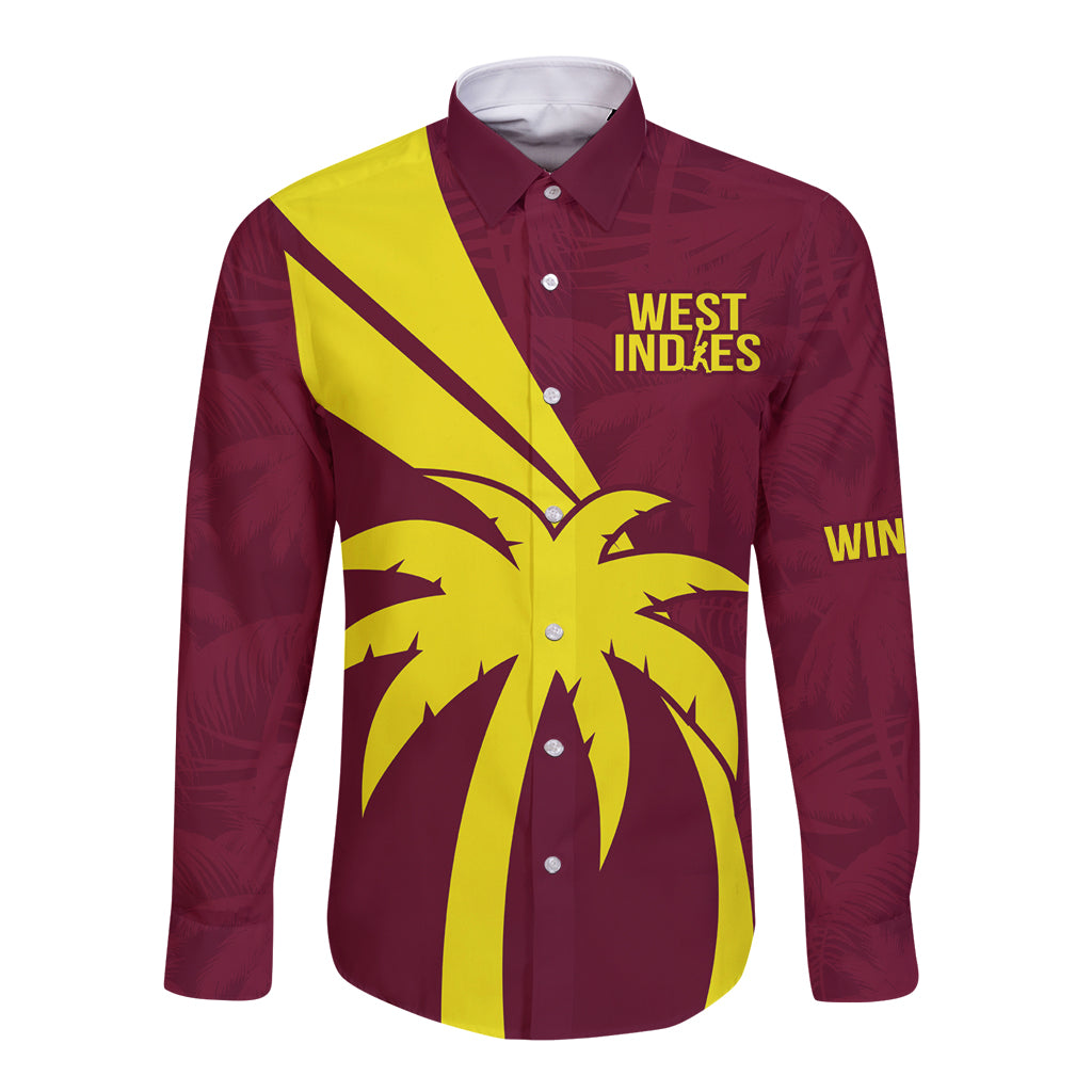 Maroon long-sleeve button shirt with yellow diagonal stripe and West Indies chest print