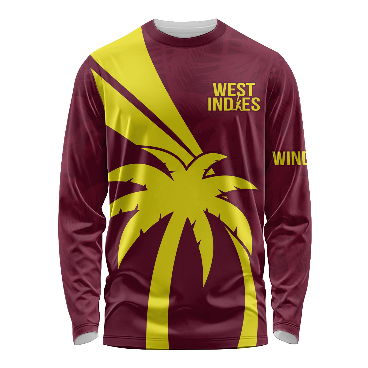 Maroon long-sleeve cricket shirt with yellow palm graphic and West Indies lettering