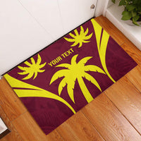 Maroon rubber doormat with yellow palm sunburst and placeholder 'YOUR TEXT'