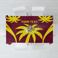 Maroon and yellow cricket-themed tablecloth with floral emblem and abstract burst pattern