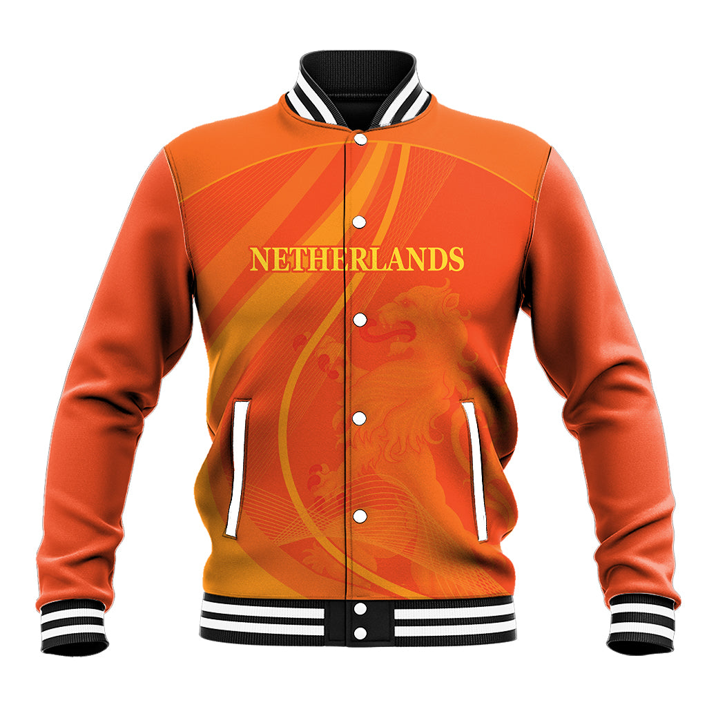 Orange baseball jacket with ribbed cuffs, button front, and Netherlands crest on front
