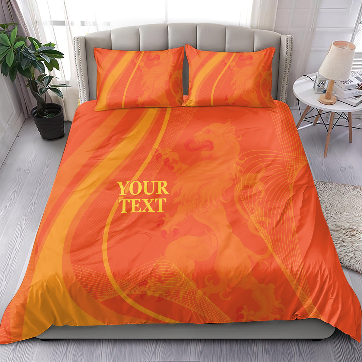 Orange duvet cover with matching pillowcases, swirling pattern and 'YOUR TEXT' centered.