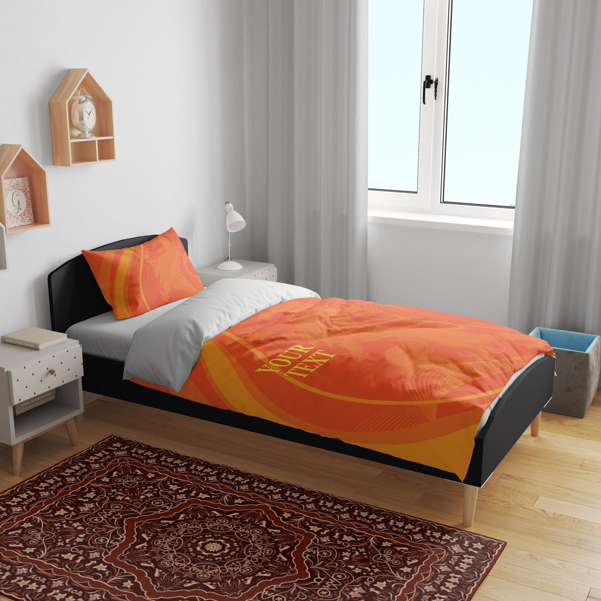 Orange duvet and pillowcases on bed, with swirl pattern and 'YOUR TEXT' design.