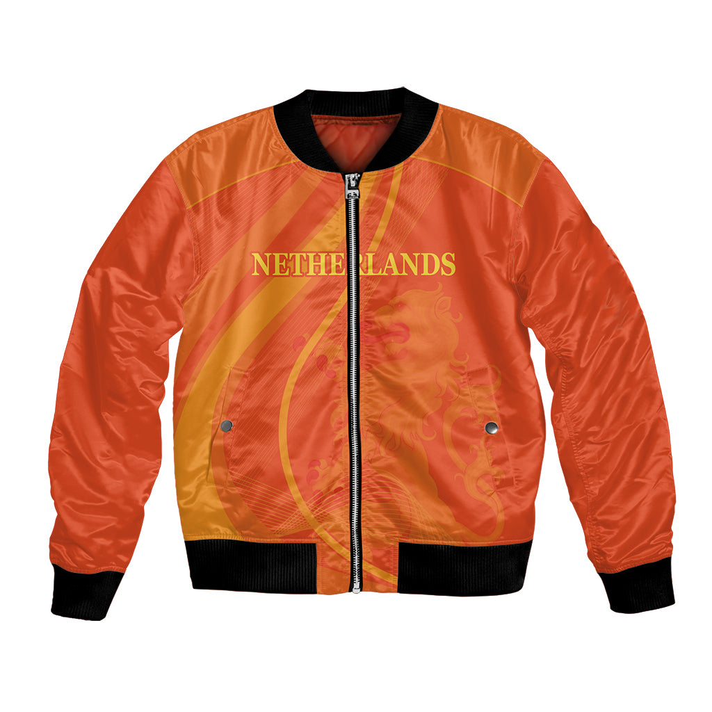 Orange unisex bomber jacket with full-zip front, ribbed cuffs, Netherlands graphic