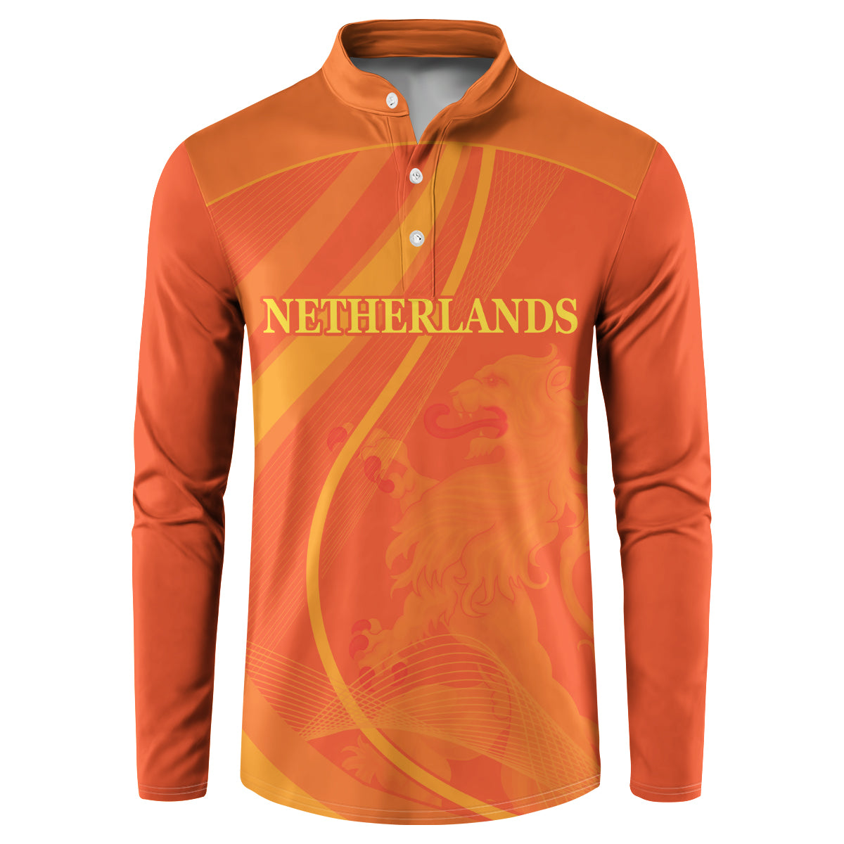 Orange long-sleeve button cricket sweatshirt with NETHERLANDS text and sports graphic