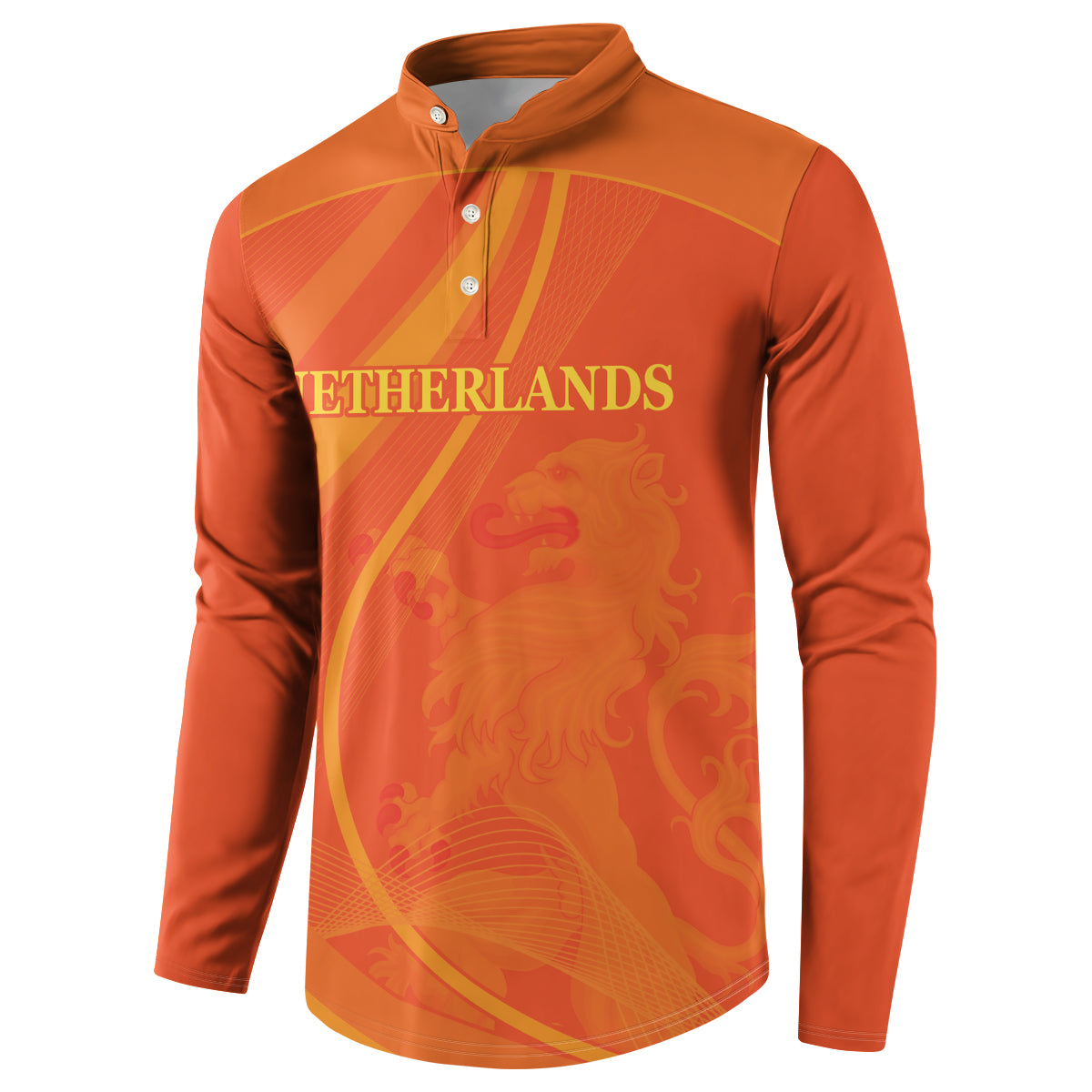 Orange button-up cricket sweatshirt with polo collar and partial NETHERLANDS lettering