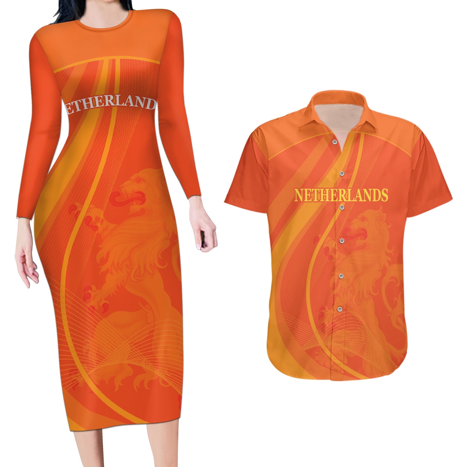 Netherlands Cricket World Cup 2024 Couples Matching Long Sleeve Bodycon Dress and Hawaiian Shirt The Flying Dutchmen Make Champions LT9 - Wonder Print Shop