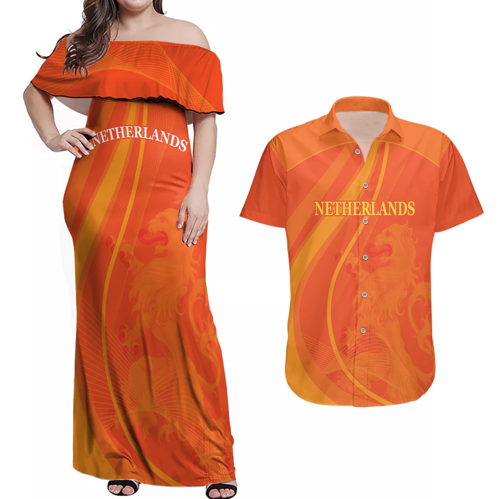 Netherlands Cricket World Cup 2024 Couples Matching Off Shoulder Maxi Dress and Hawaiian Shirt The Flying Dutchmen Make Champions LT9 - Wonder Print Shop