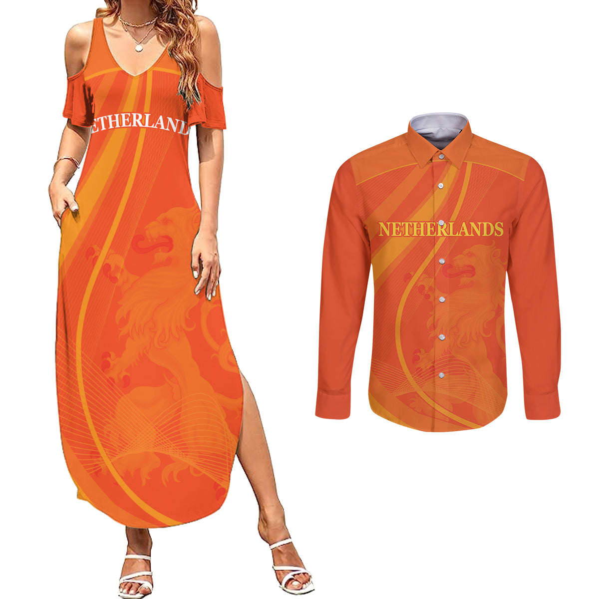 Netherlands Cricket World Cup 2024 Couples Matching Summer Maxi Dress and Long Sleeve Button Shirt The Flying Dutchmen Make Champions LT9 - Wonder Print Shop