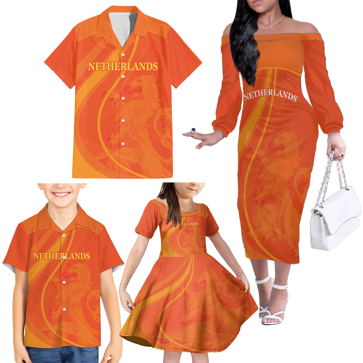 Netherlands Cricket World Cup 2024 Family Matching Off The Shoulder Long Sleeve Dress and Hawaiian Shirt The Flying Dutchmen Make Champions - Wonder Print Shop