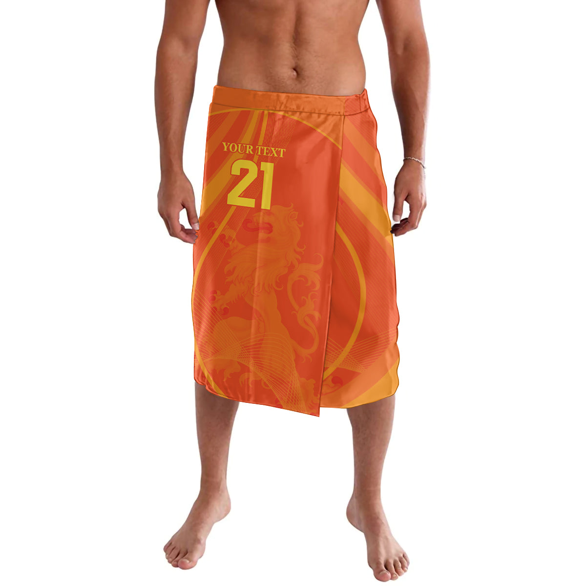 Orange cricket shorts with elastic waist, 'YOUR TEXT' and '21' front graphic