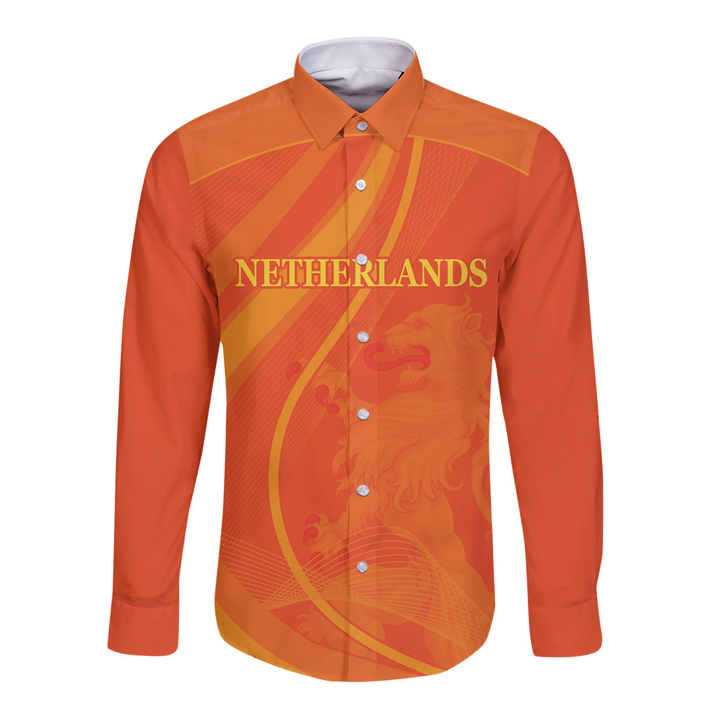 Orange long-sleeve button shirt with front print, Netherlands text and cricket graphic.