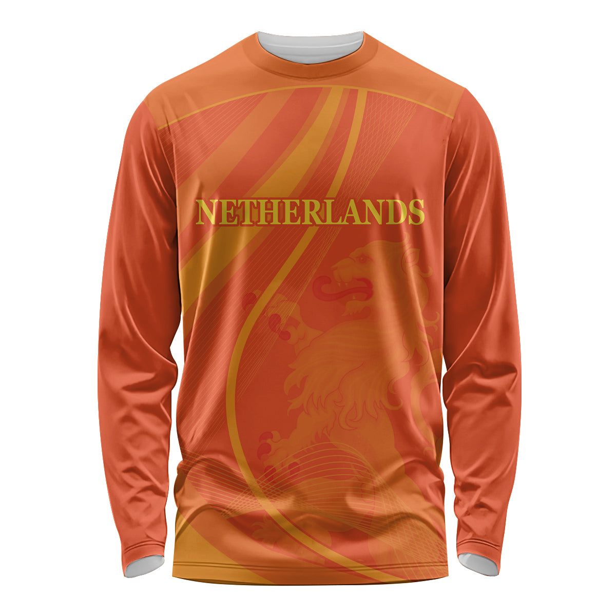 Orange long-sleeve cricket shirt with NETHERLANDS text and gold graphic crest