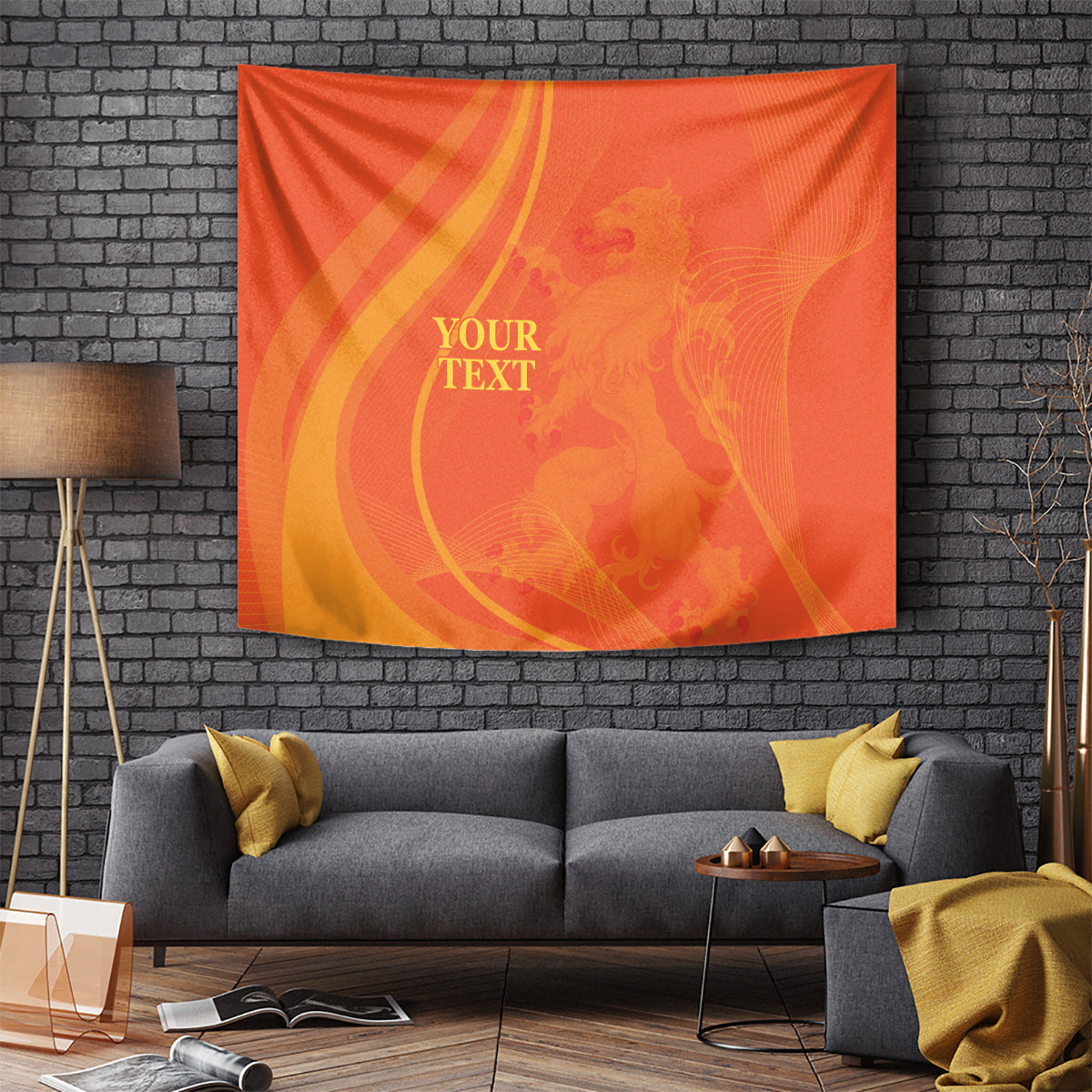 Orange rectangular wall tapestry with gold swirls and placeholder text, hanging on wall