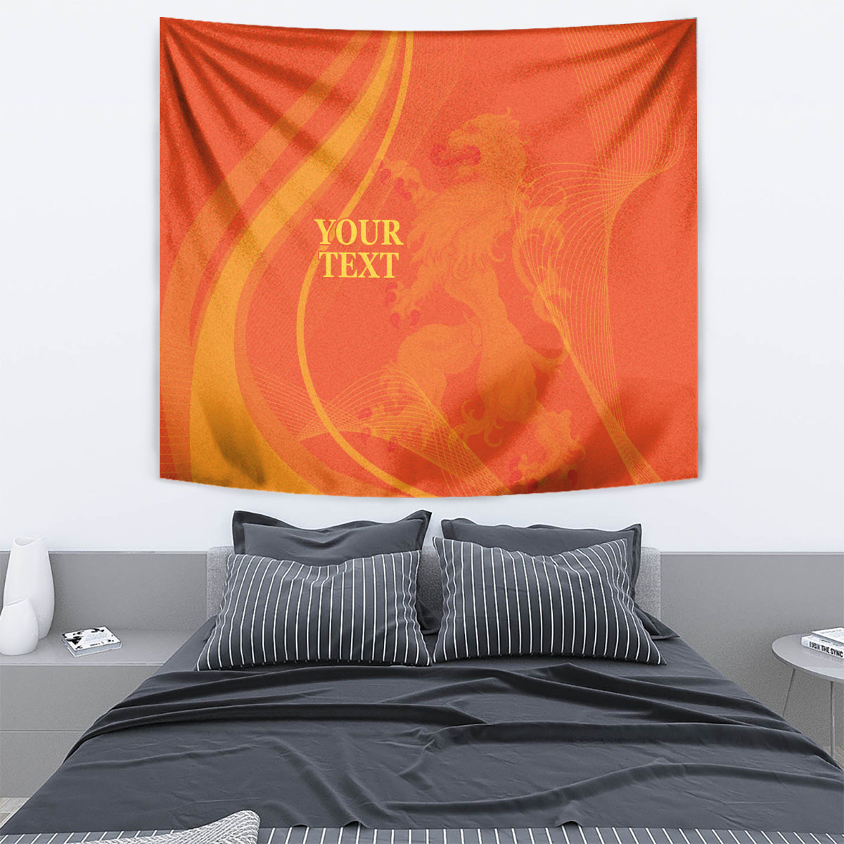 Orange rectangular tapestry wall hanging with gold swirl graphic and placeholder text