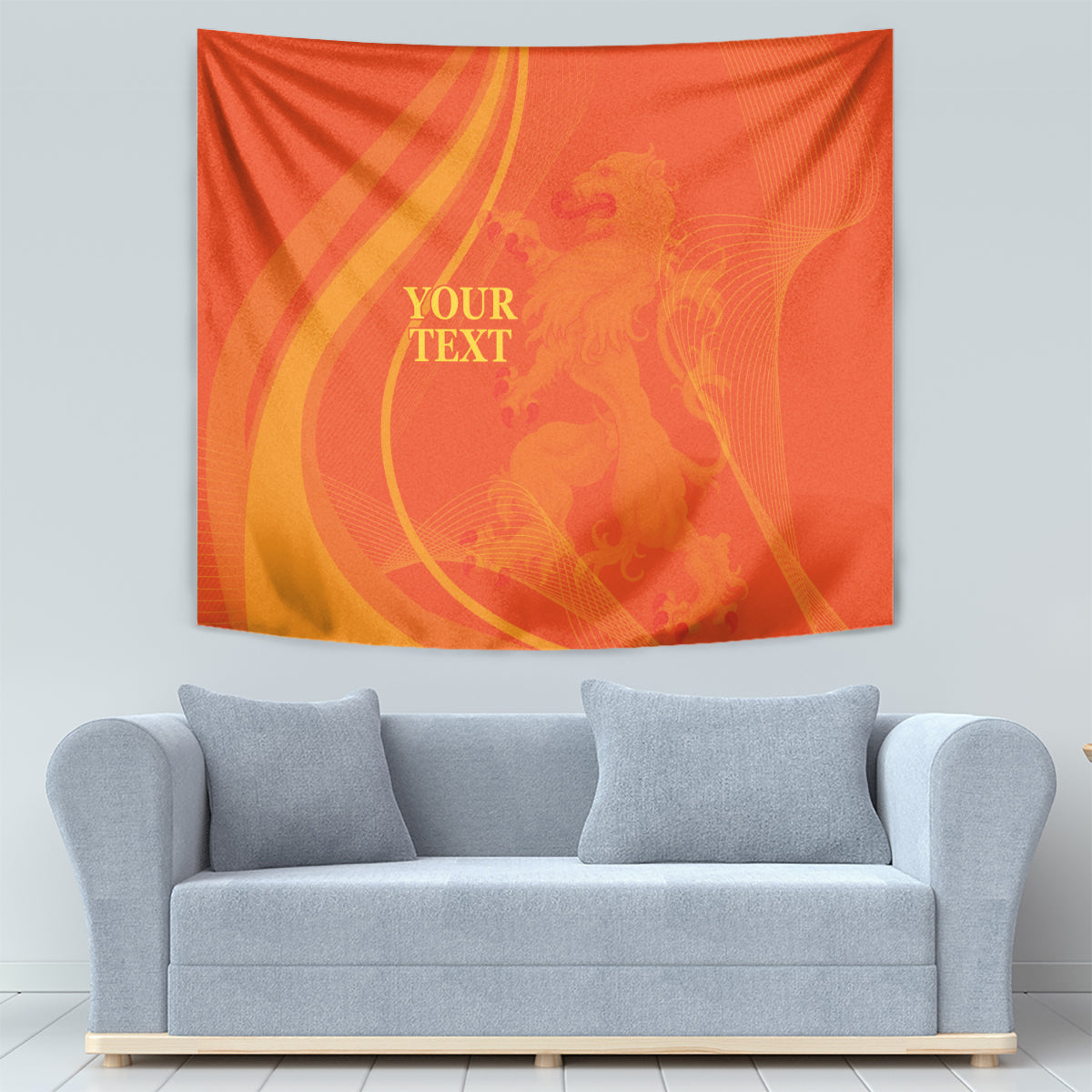 Orange rectangular wall tapestry with gold swirls and placeholder text in center