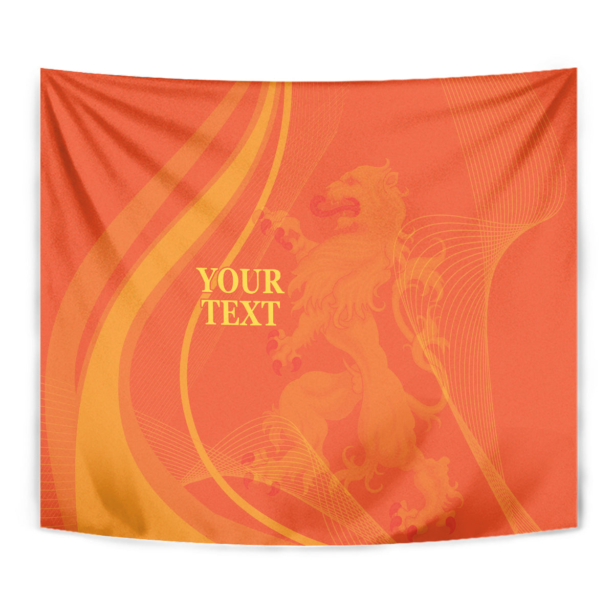 Orange rectangular tapestry wall hanging featuring gold swirling design and placeholder text