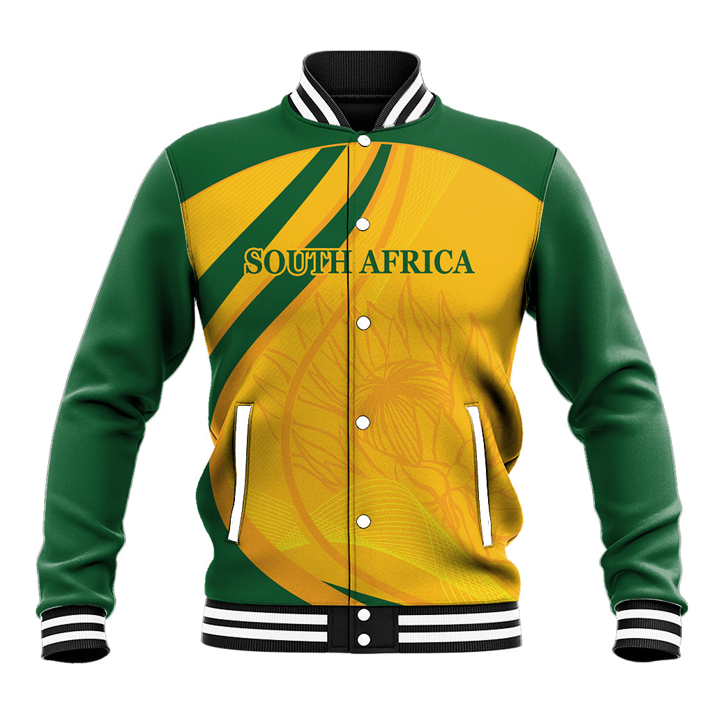 Green and gold baseball jacket with snap buttons, ribbed collar, and South Africa front print