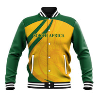 Green and gold baseball jacket with snap buttons, ribbed collar, and South Africa front print
