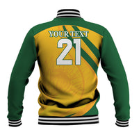 Green and gold baseball jacket back with 21 number, ribbed collar, and YOUR TEXT print