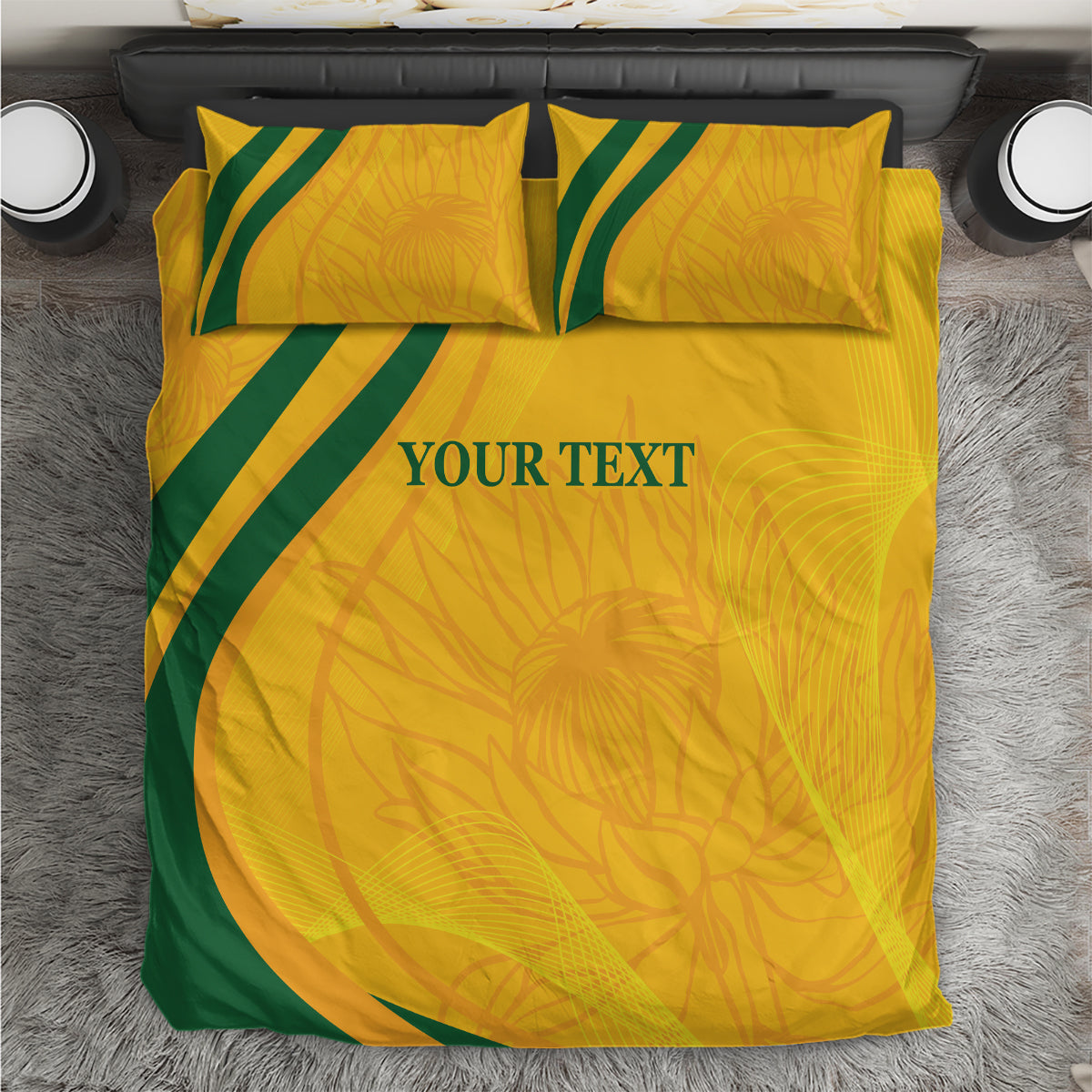 Gold and green cricket bedding set featuring two pillows and 'YOUR TEXT' on duvet