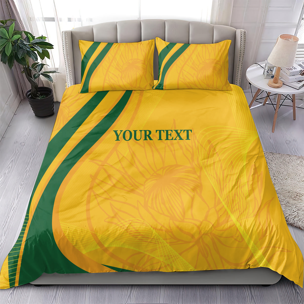 Gold and green cricket bedding set with green stripes and 'YOUR TEXT' on duvet