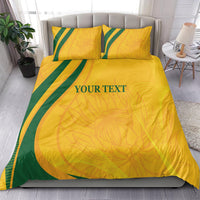 Gold and green cricket bedding set with green stripes and 'YOUR TEXT' on duvet