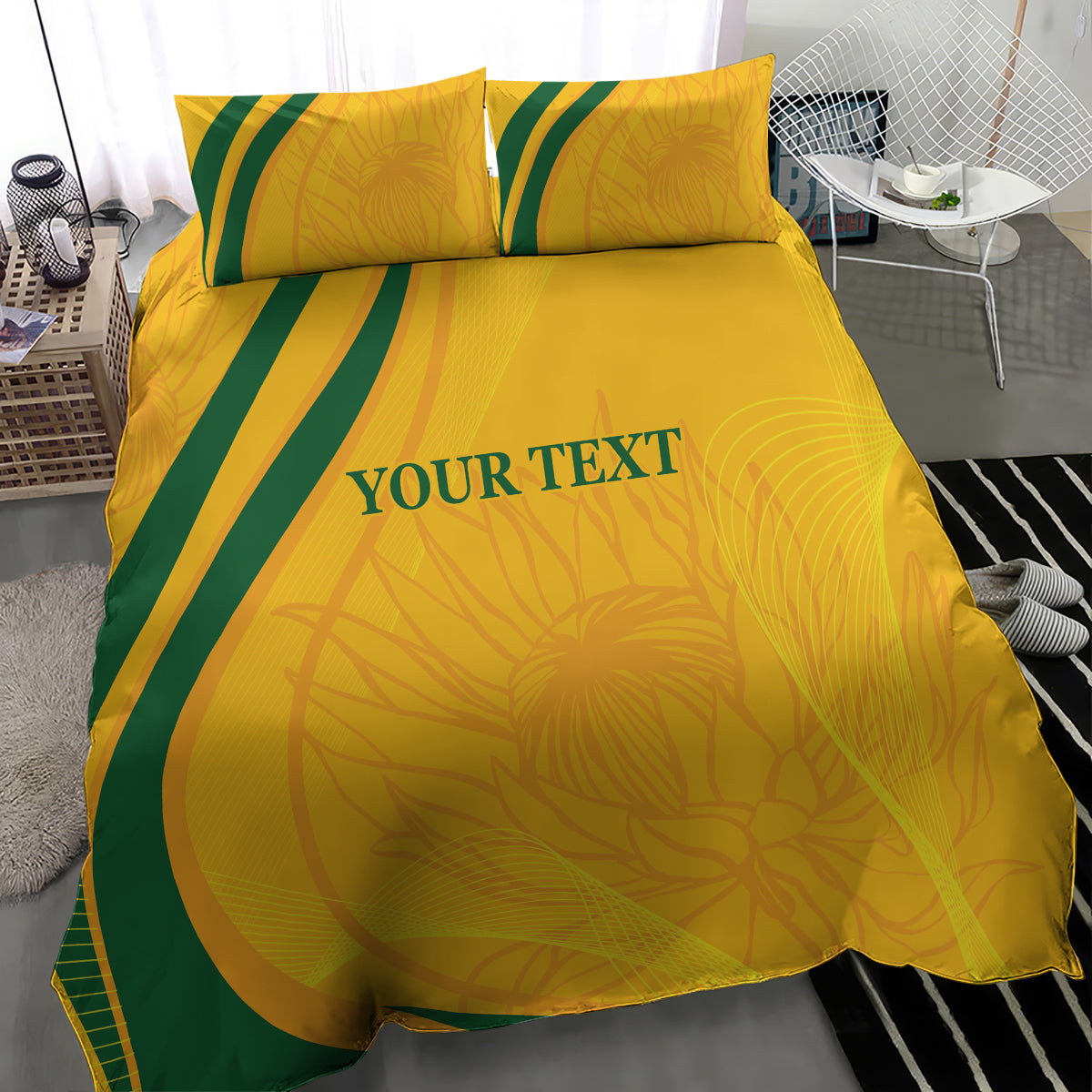 Gold and green cricket bedding set with green stripes and 'YOUR TEXT' on duvet