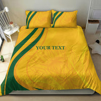 Gold and green cricket duvet set with green diagonal stripes and 'YOUR TEXT' center