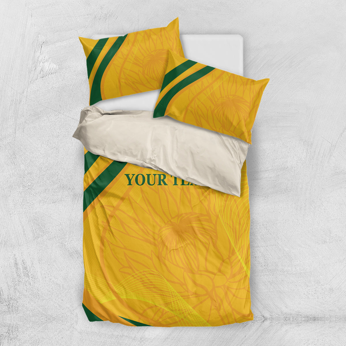 Gold and green cricket bedding set with duvet and two pillows, 'YOUR TEXT' printed