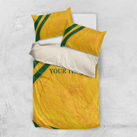 Gold and green cricket bedding set with duvet and two pillows, 'YOUR TEXT' printed