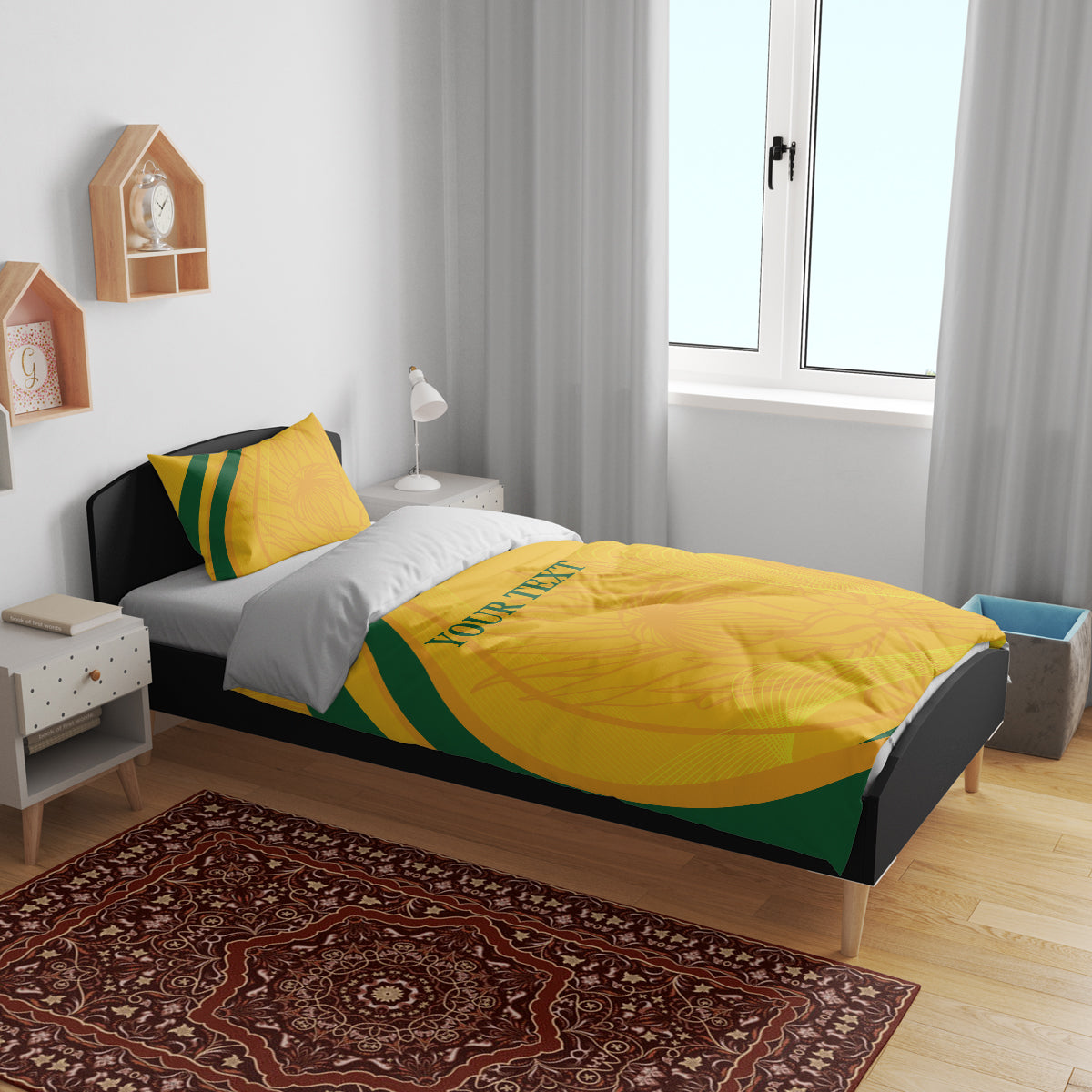 Gold and green cricket bedding set on bed with striped duvet and 'YOUR TEXT' print