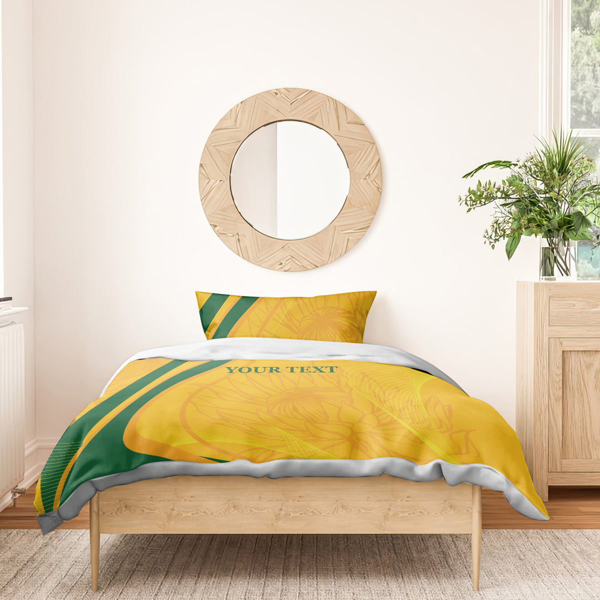 Gold and green cricket bedding set with striped duvet and 'YOUR TEXT' on pillows