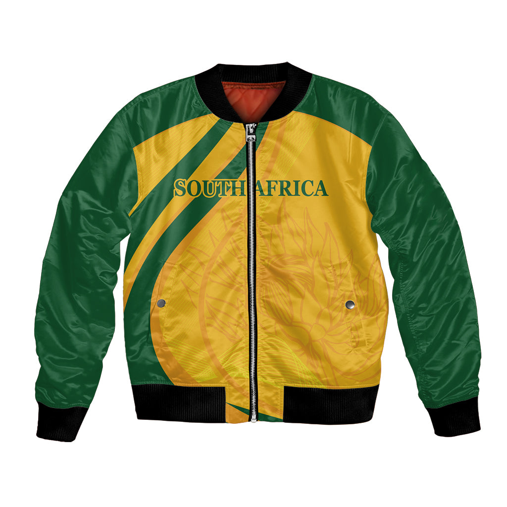 Green and gold South Africa bomber jacket with zip front and ribbed black cuffs